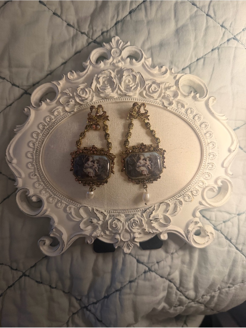 Source Unknown Gold-Tone Painted Cameo Drop Earrings with faux Pearl Accent